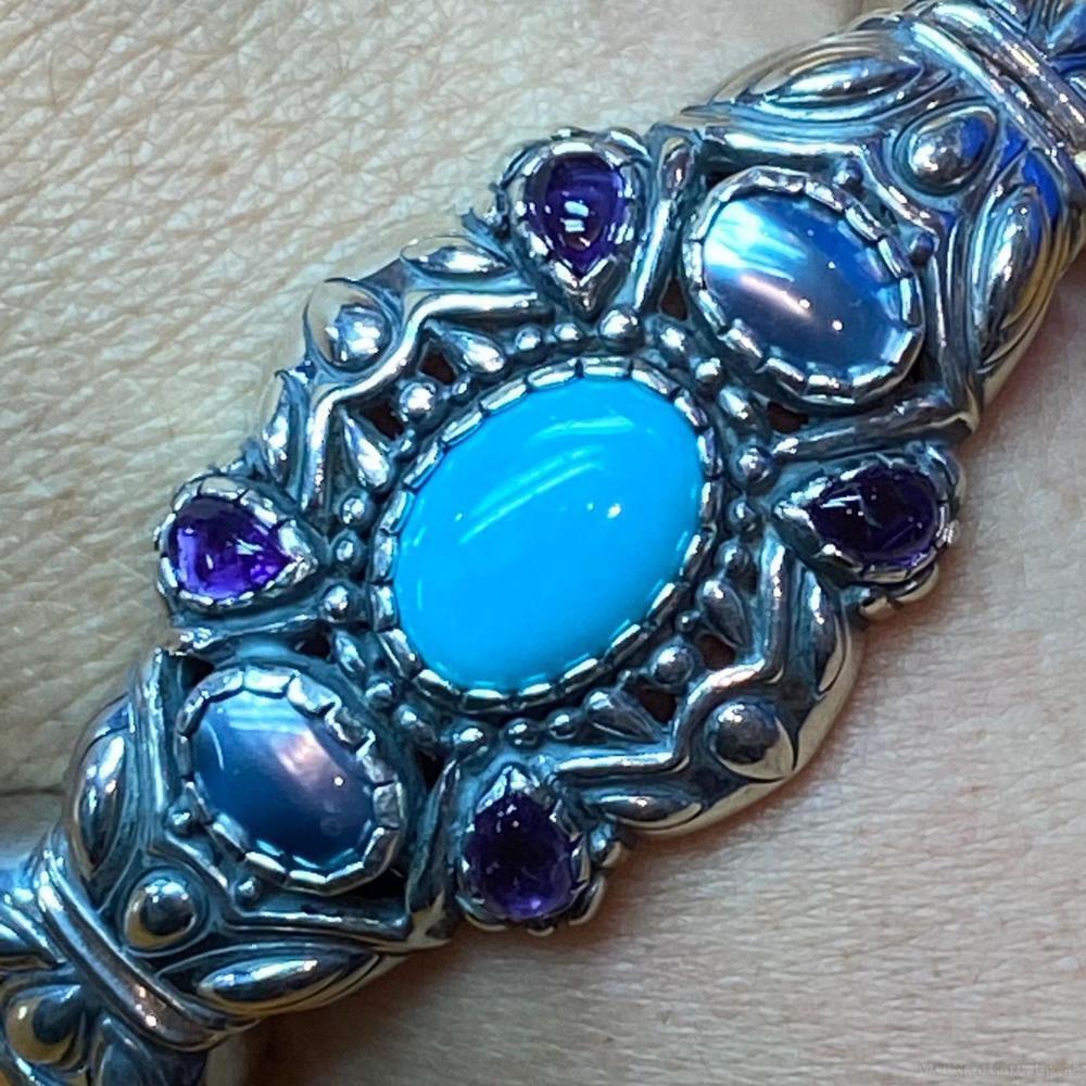 Carolyn Pollack Sterling Multi Gemstone Turquoise Braided Leather Hinge Bracelet - Picture 3 of 10